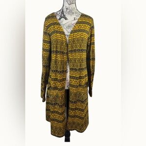 Angela Fashion GoldYellow&Black Boho Chic Open Cardigan W/ Elbow Patches Size L